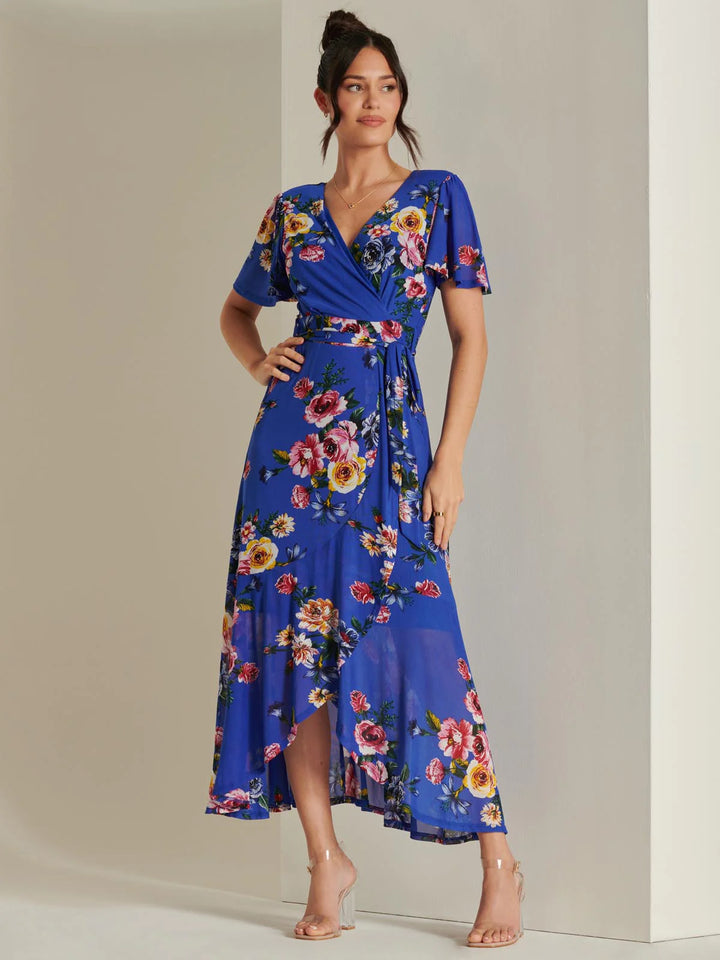Ada Cobalt Blue Floral Dip Hem Belted Short Sleeve Mesh Maxi Dress