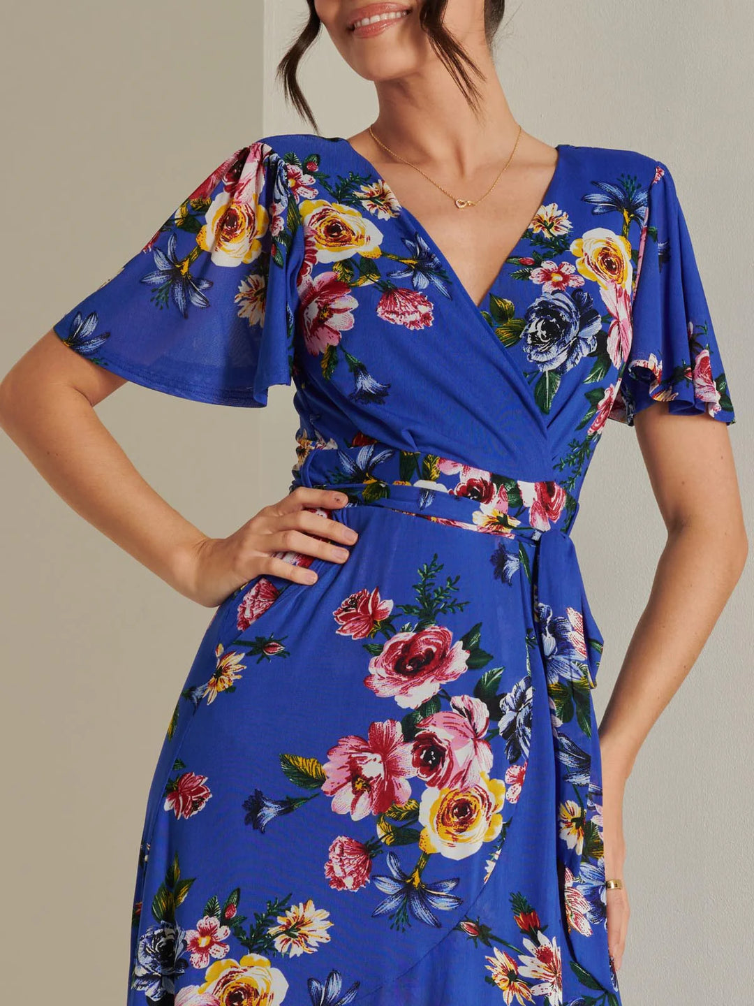 Ada Cobalt Blue Floral Dip Hem Belted Short Sleeve Mesh Maxi Dress