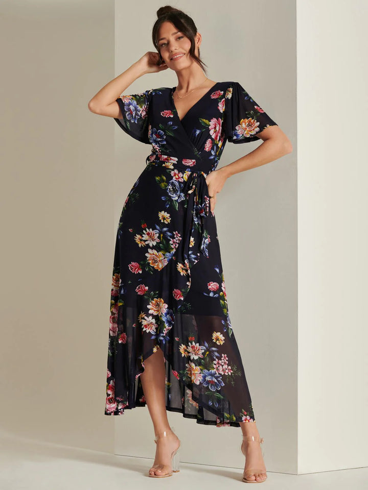 Ada Navy Floral Dip Hem Belted Short Sleeve Mesh Maxi Dress