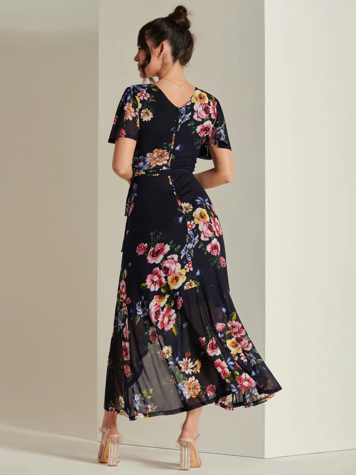 Ada Navy Floral Dip Hem Belted Short Sleeve Mesh Maxi Dress