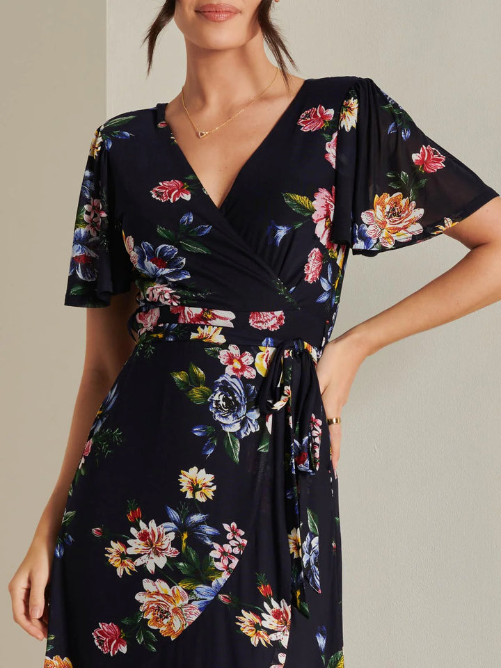 Ada Navy Floral Dip Hem Belted Short Sleeve Mesh Maxi Dress