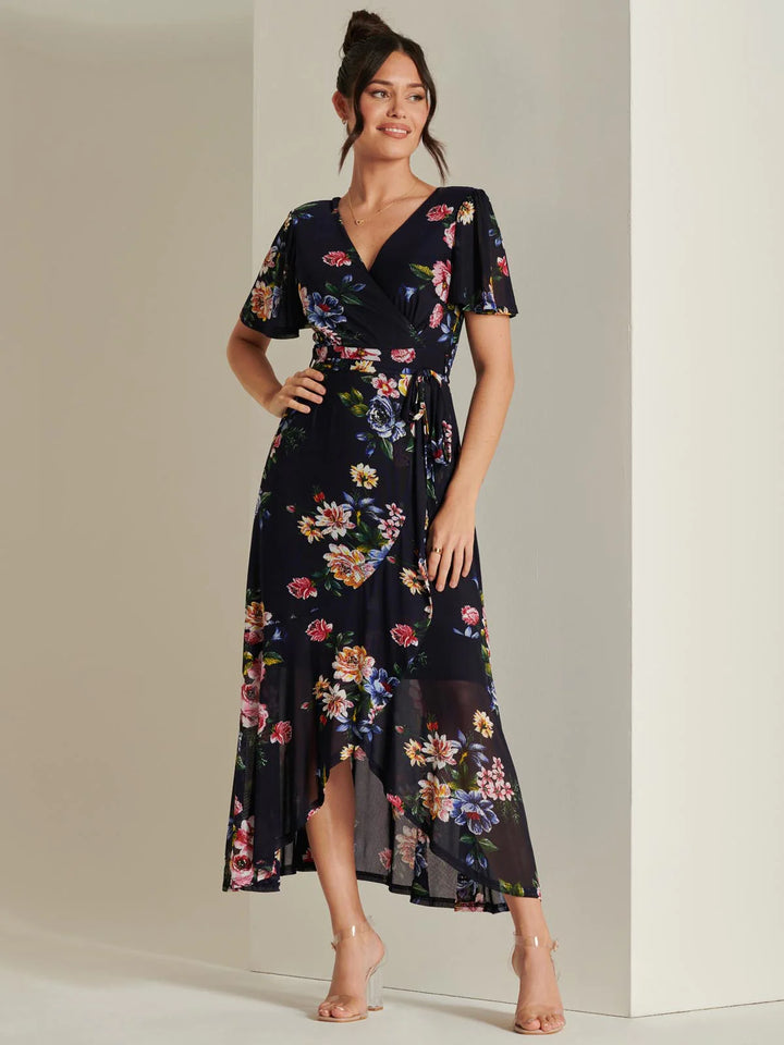 Ada Navy Floral Dip Hem Belted Short Sleeve Mesh Maxi Dress