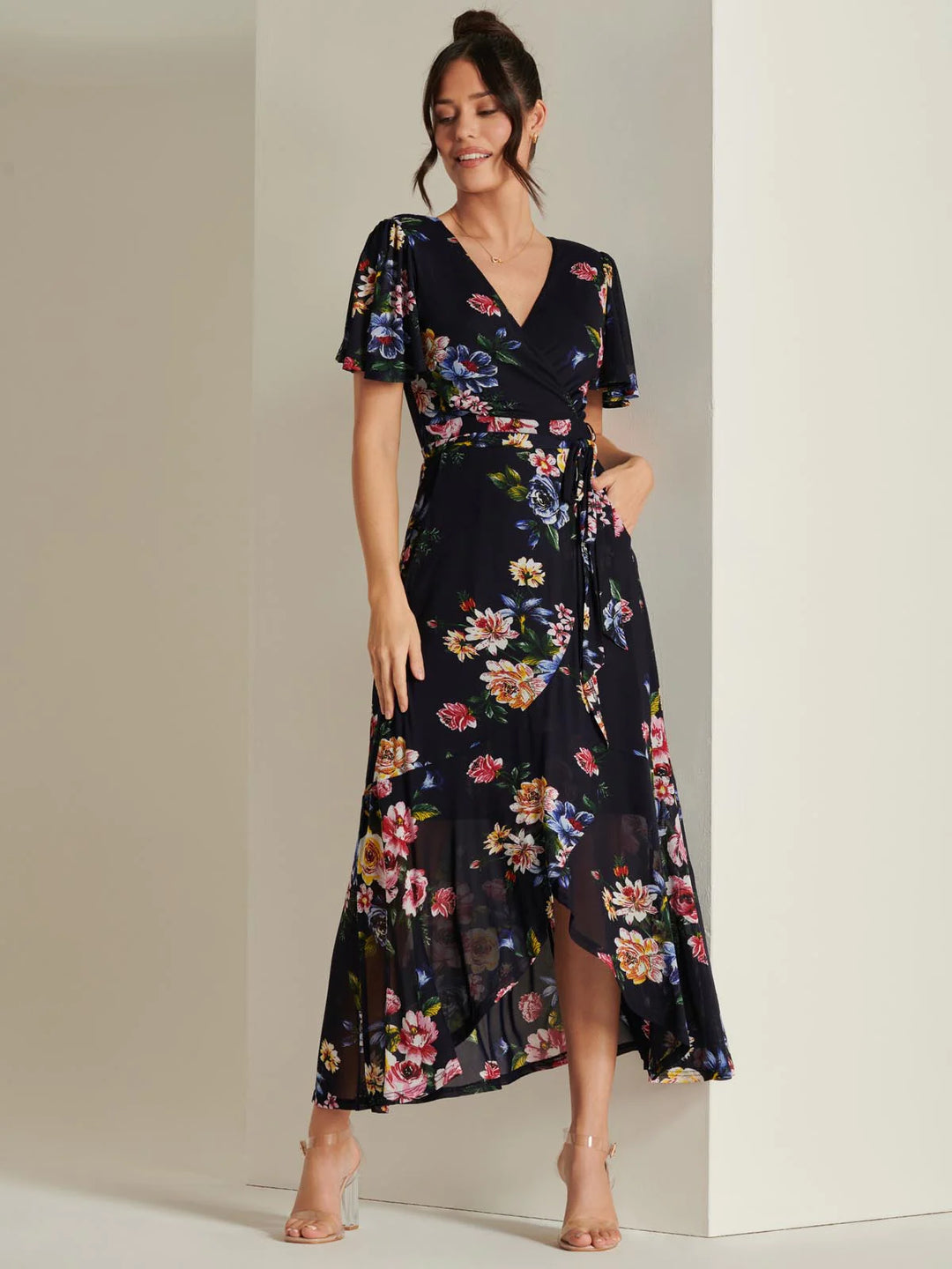 Ada Navy Floral Dip Hem Belted Short Sleeve Mesh Maxi Dress