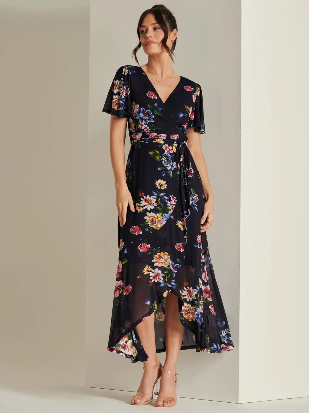 Ada Navy Floral Dip Hem Belted Short Sleeve Mesh Maxi Dress