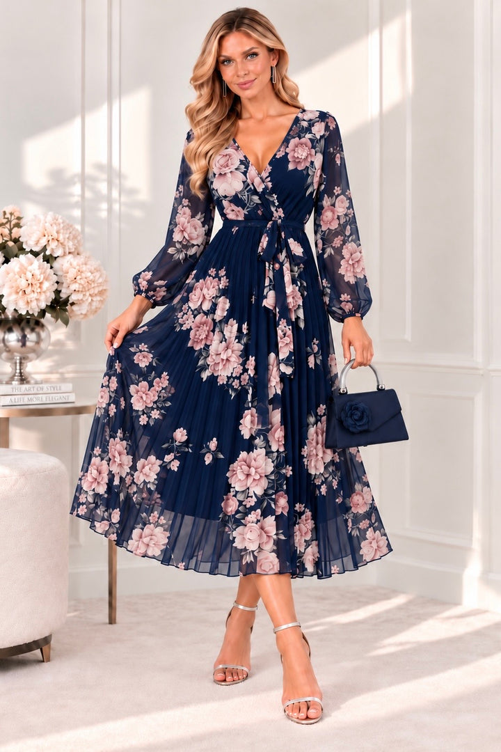 Amalfi Coast Navy & Pink Floral Chiffon Long Sleeve Pleated Belted Maxi Dress