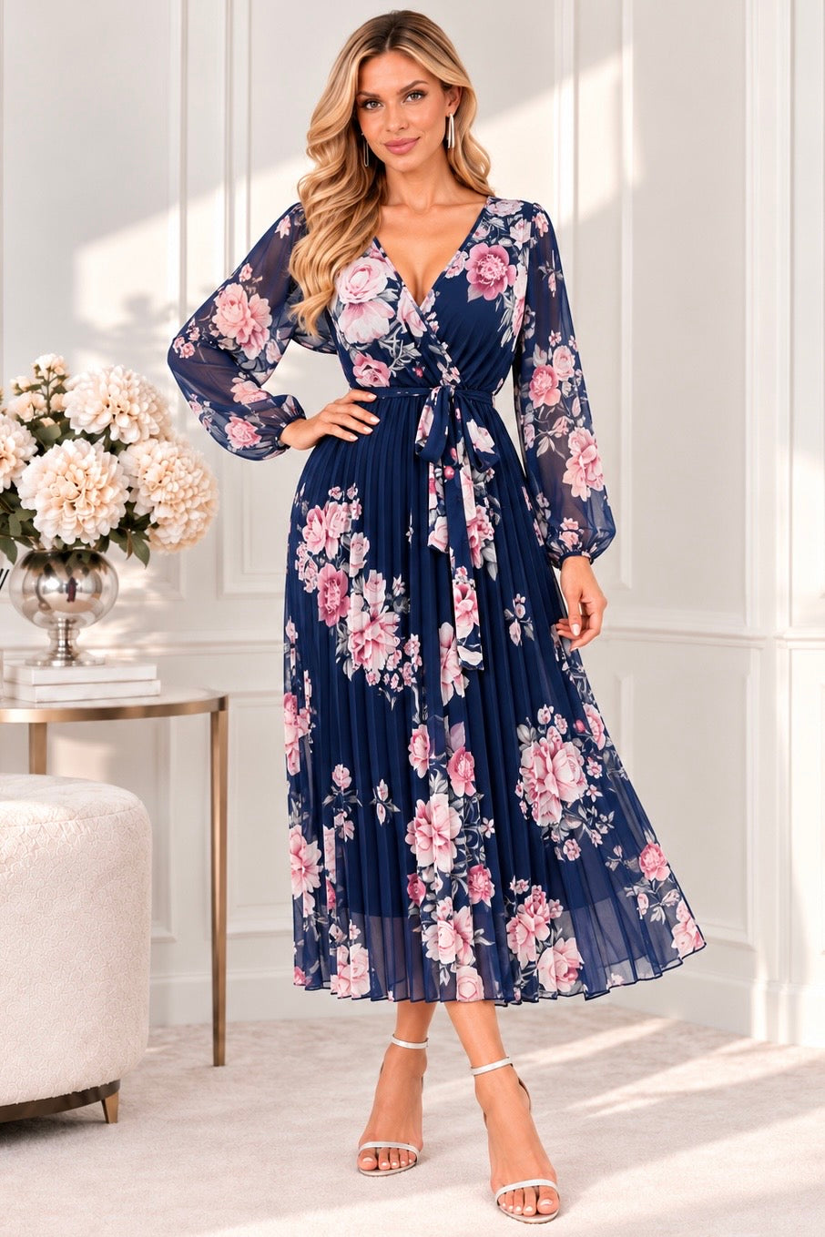 Amalfi Coast Navy & Pink Floral Chiffon Long Sleeve Pleated Belted Maxi Dress