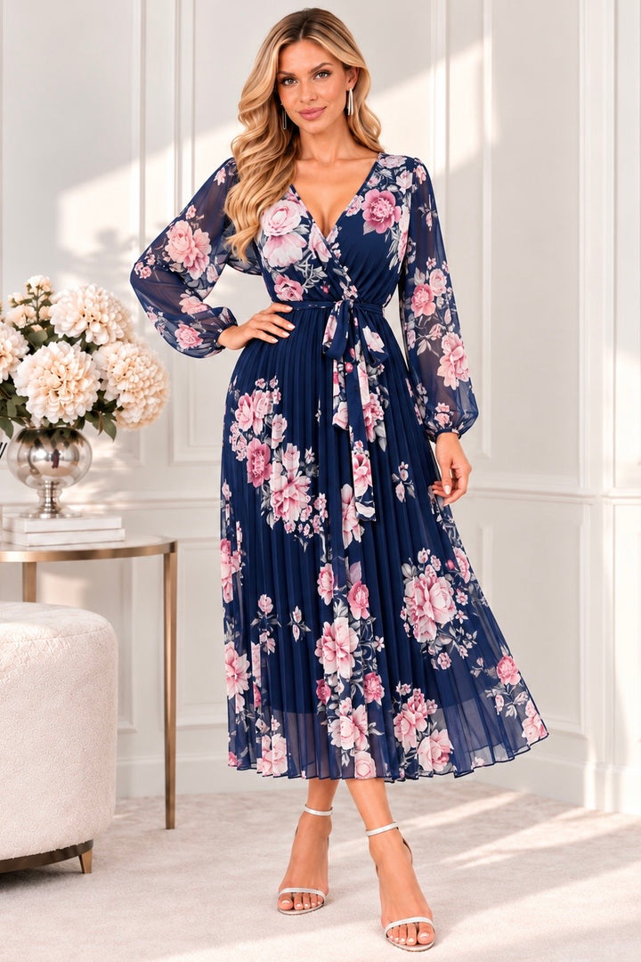 Amalfi Coast Navy & Pink Floral Chiffon Long Sleeve Pleated Belted Maxi Dress