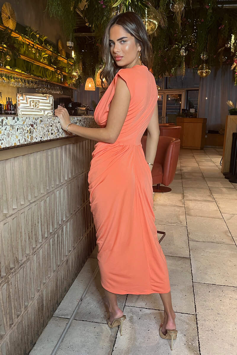 Angelina Peach Wrap Draped Slinky Midi Dress