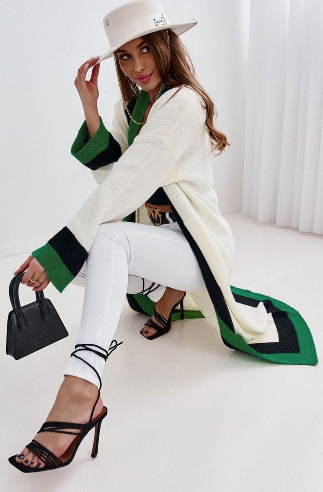 Aneira Knitted Longline Ivory & Green Wide Sleeve Cardigan
