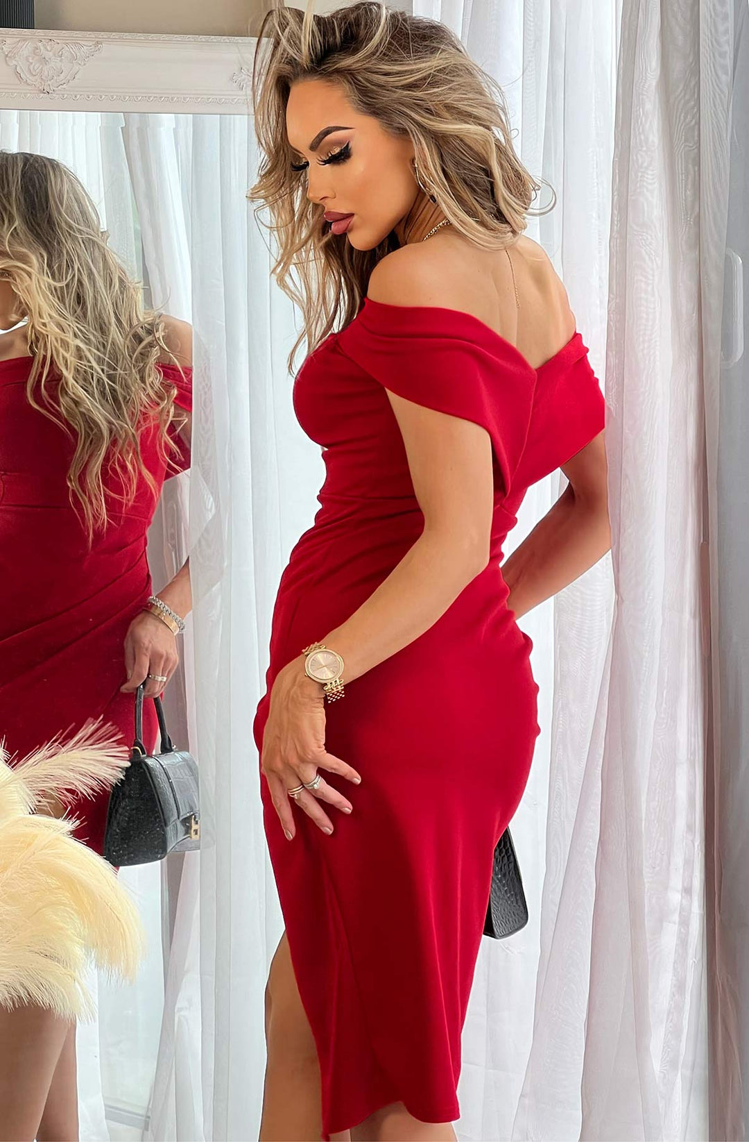 Passionista Red Bardot/strapless 2 Way Bodycon Midi Dress