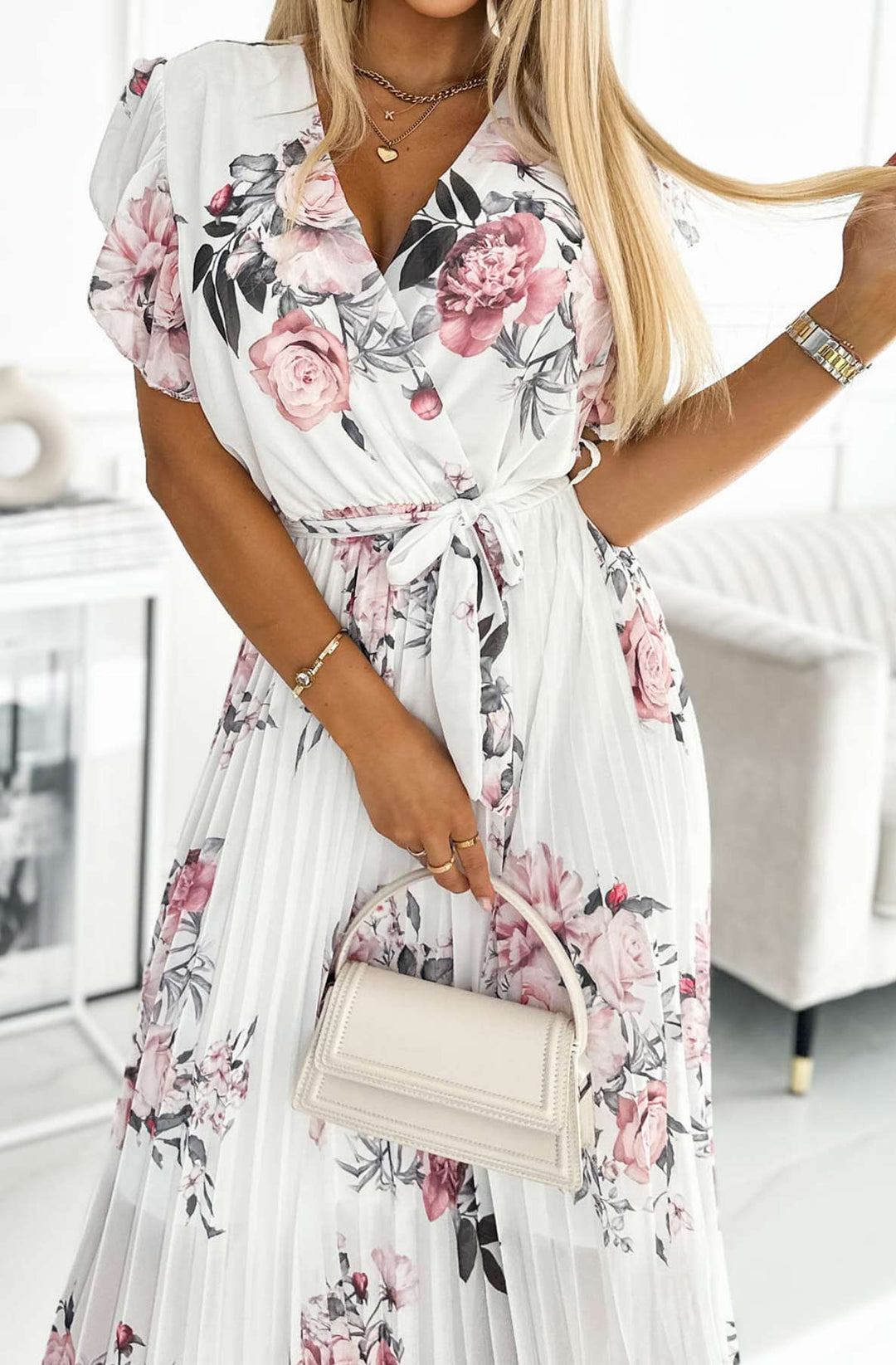 Amalfi Coast White Floral Chiffon Short Sleeve Pleated Belted Maxi Dress