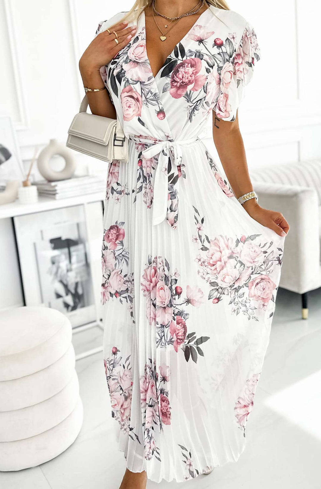 Amalfi Coast White Floral Chiffon Short Sleeve Pleated Belted Maxi Dress