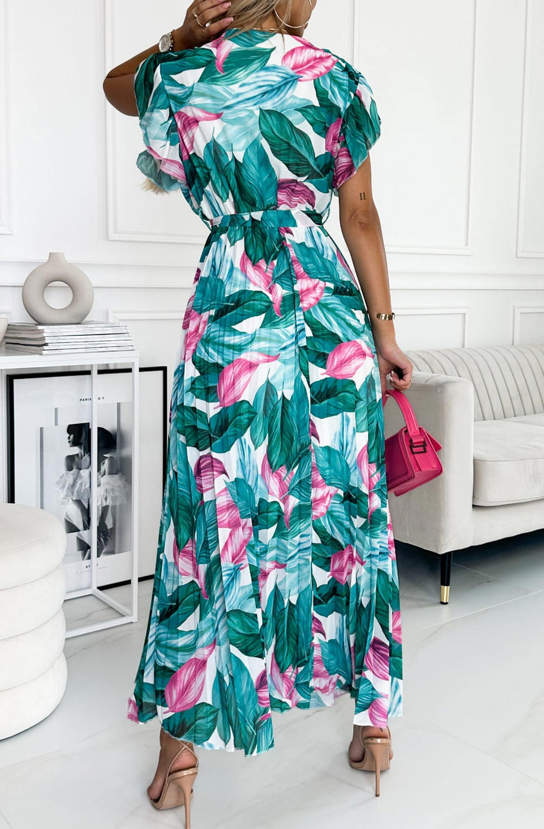Amalfi Coast Turquoise Teal Floral Chiffon Short Sleeve Pleated Belted Maxi Dress
