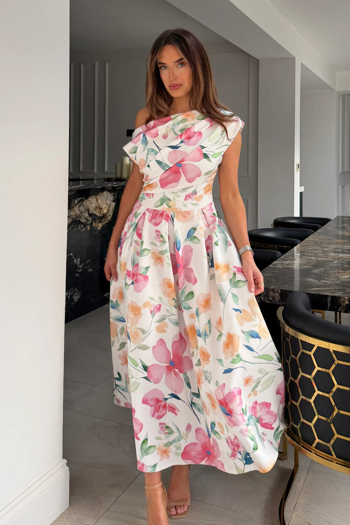 Betty Pink Floral Asymmetric Neckline Skater Midi Dress With Pockets