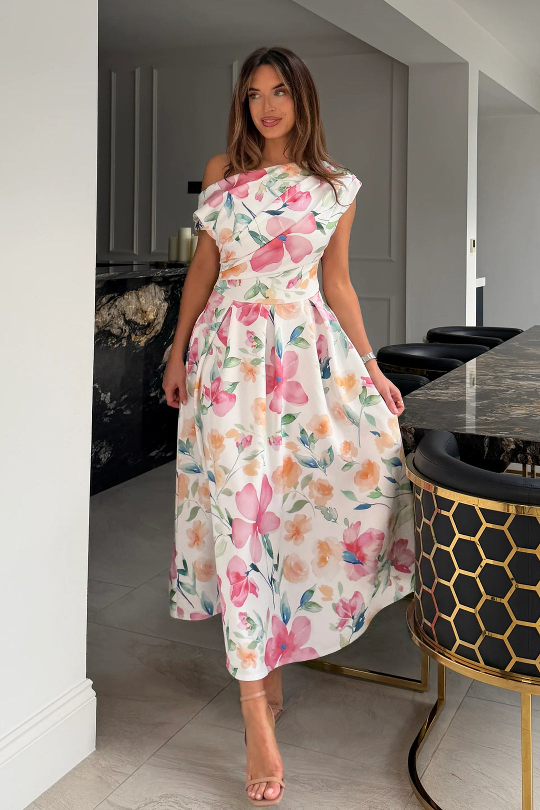 Betty Pink Floral Asymmetric Neckline Skater Midi Dress With Pockets