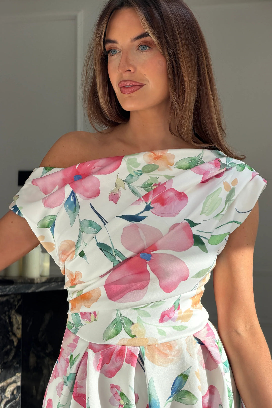 Betty Pink Floral Asymmetric Neckline Skater Midi Dress With Pockets