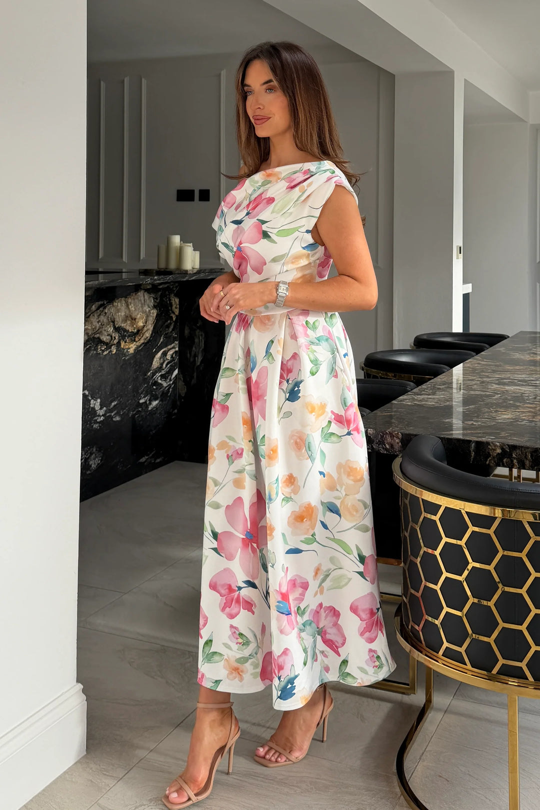 Betty Pink Floral Asymmetric Neckline Skater Midi Dress With Pockets