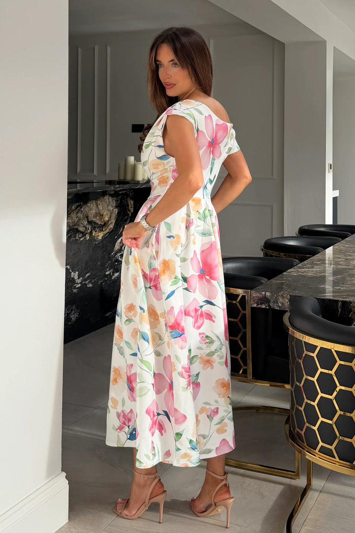 Betty Pink Floral Asymmetric Neckline Skater Midi Dress With Pockets