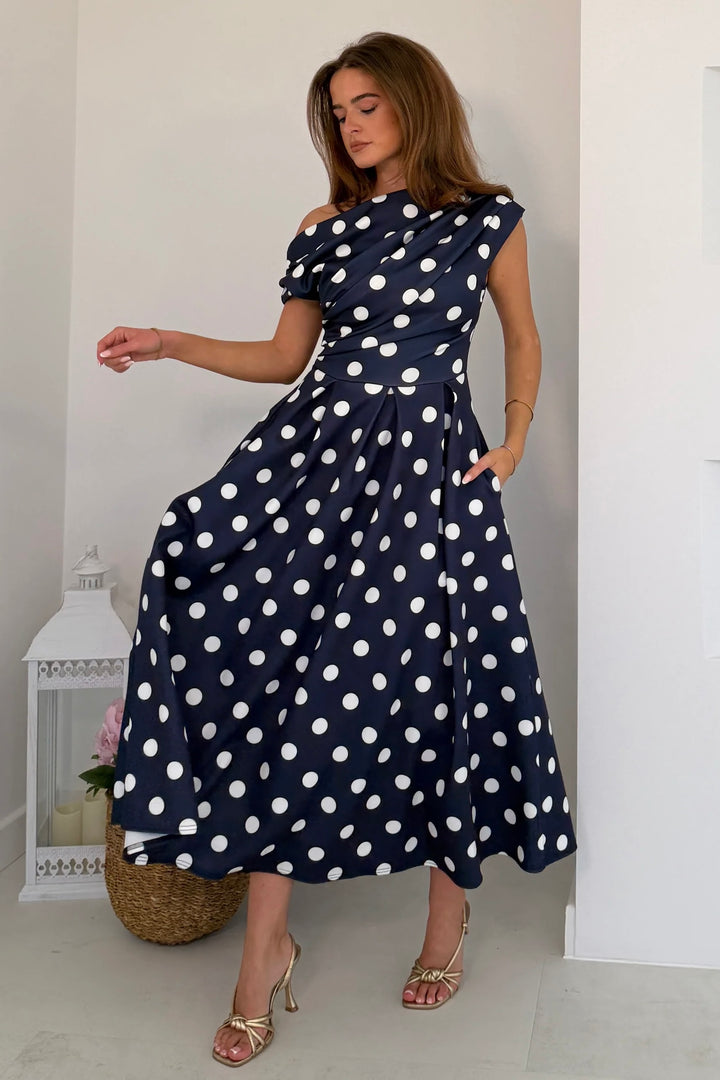Betty Navy Polka Dot Asymmetric Neckline Skater Maxi Dress With Pockets