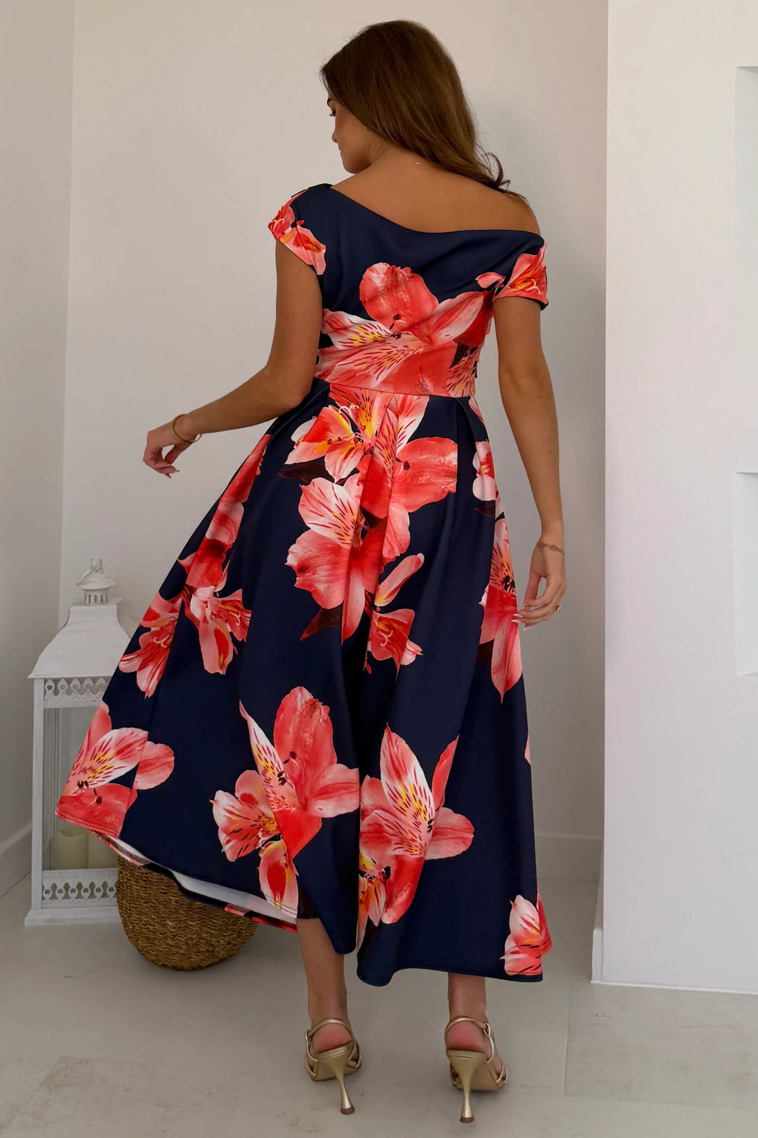 Betty Navy and Orange Floral Asymmetric Neckline Skater Maxi Dress With Pockets