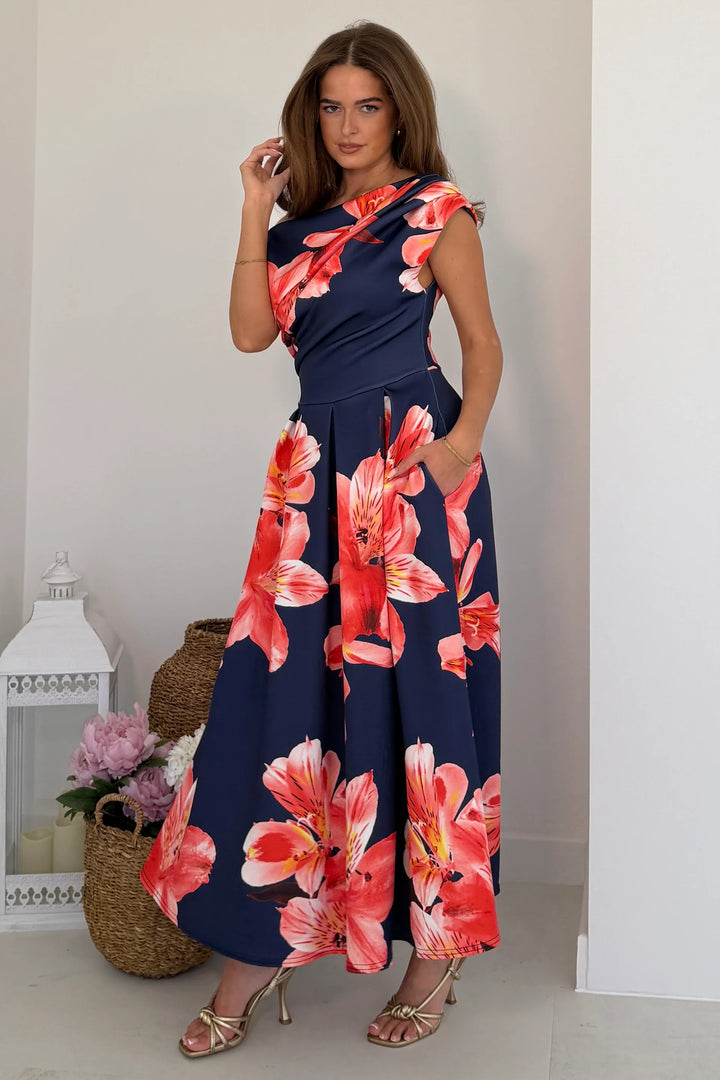 Betty Navy and Orange Floral Asymmetric Neckline Skater Maxi Dress With Pockets