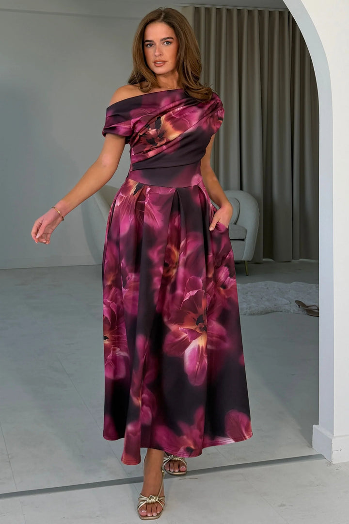 Betty Plum and Black Floral Asymmetric Neckline Skater Maxi Dress With Pockets