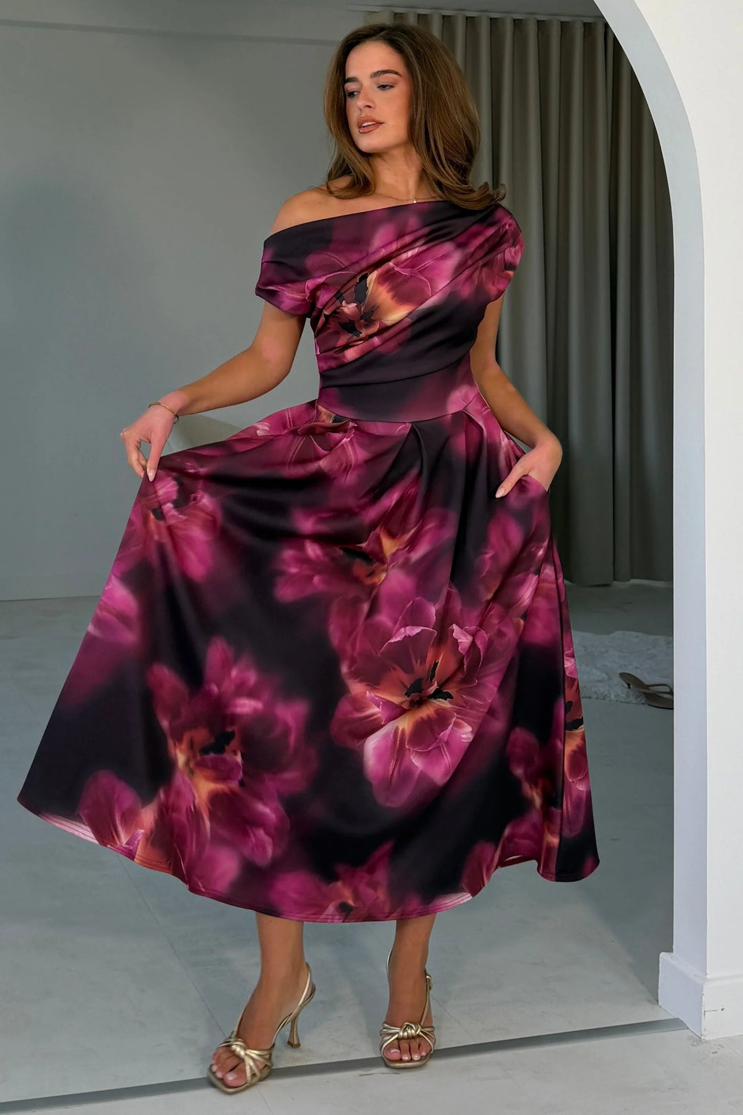 Betty Plum and Black Floral Asymmetric Neckline Skater Maxi Dress With Pockets
