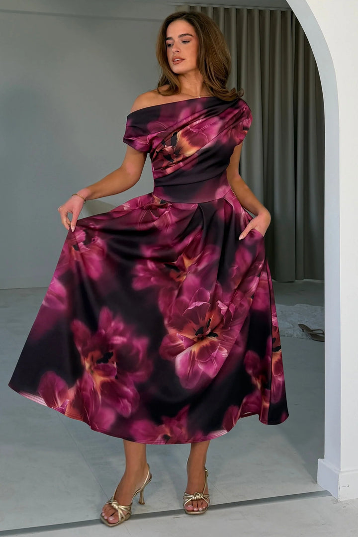 Betty Plum and Black Floral Asymmetric Neckline Skater Maxi Dress With Pockets