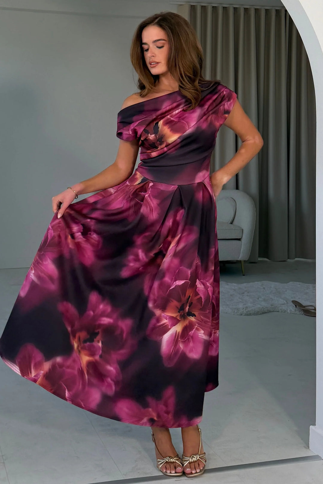 Betty Plum and Black Floral Asymmetric Neckline Skater Maxi Dress With Pockets