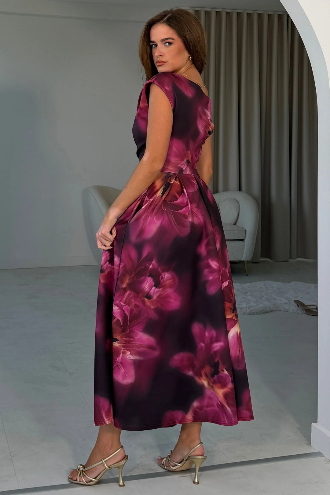 Betty Plum and Black Floral Asymmetric Neckline Skater Maxi Dress With Pockets