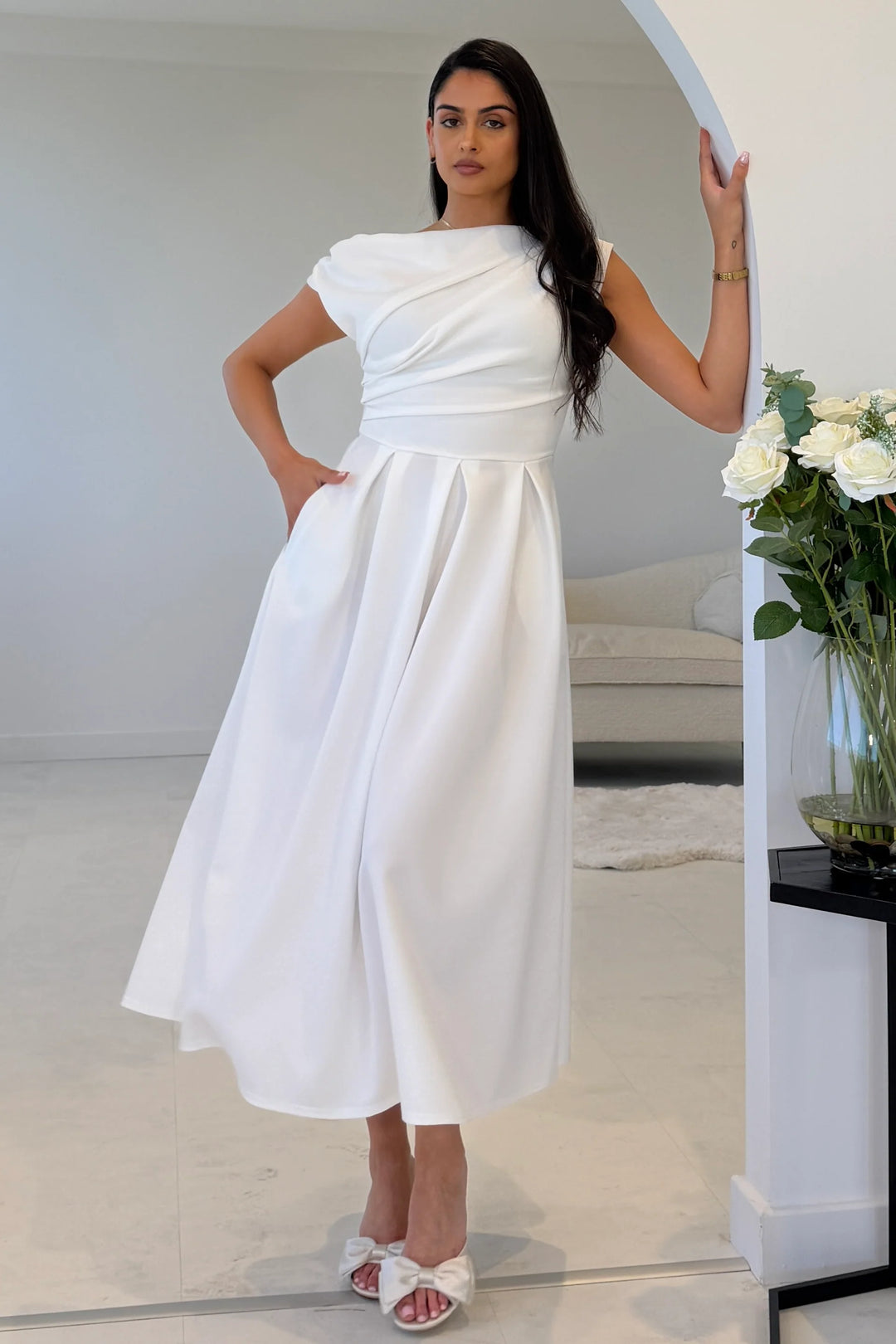 Betty White Asymmetric Neckline Skater Midi Dress With Pockets