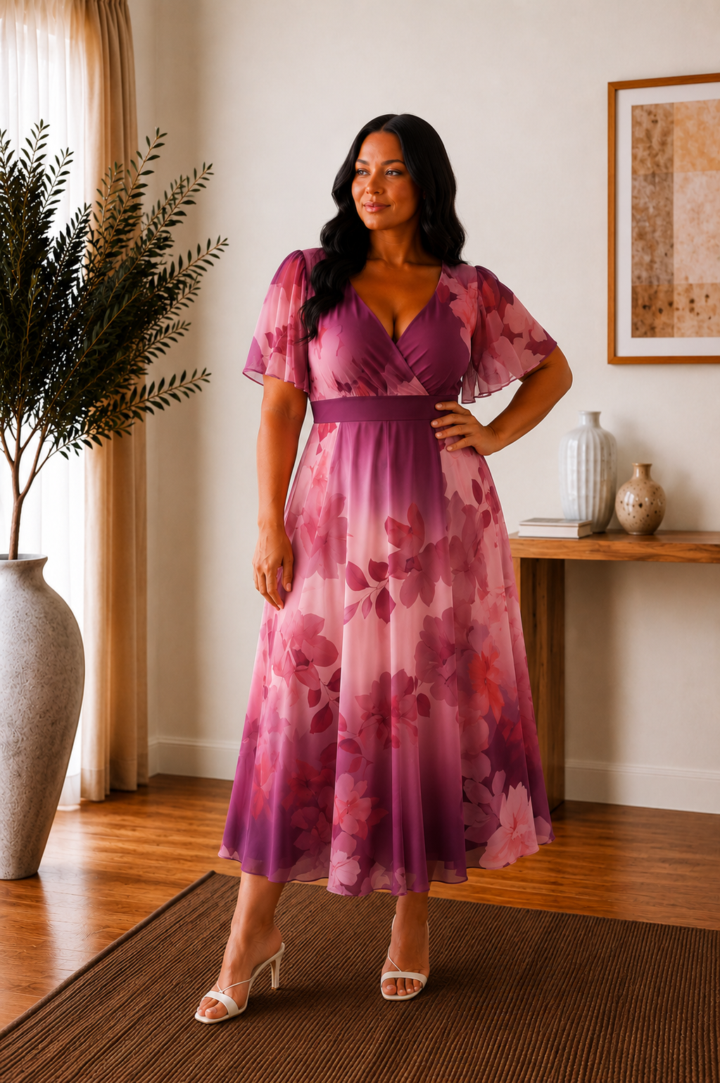 Isobel Plum Floral Angel Sleeve Belted Maxi Dress - PETITE LENGTH (3 LENGTHS)