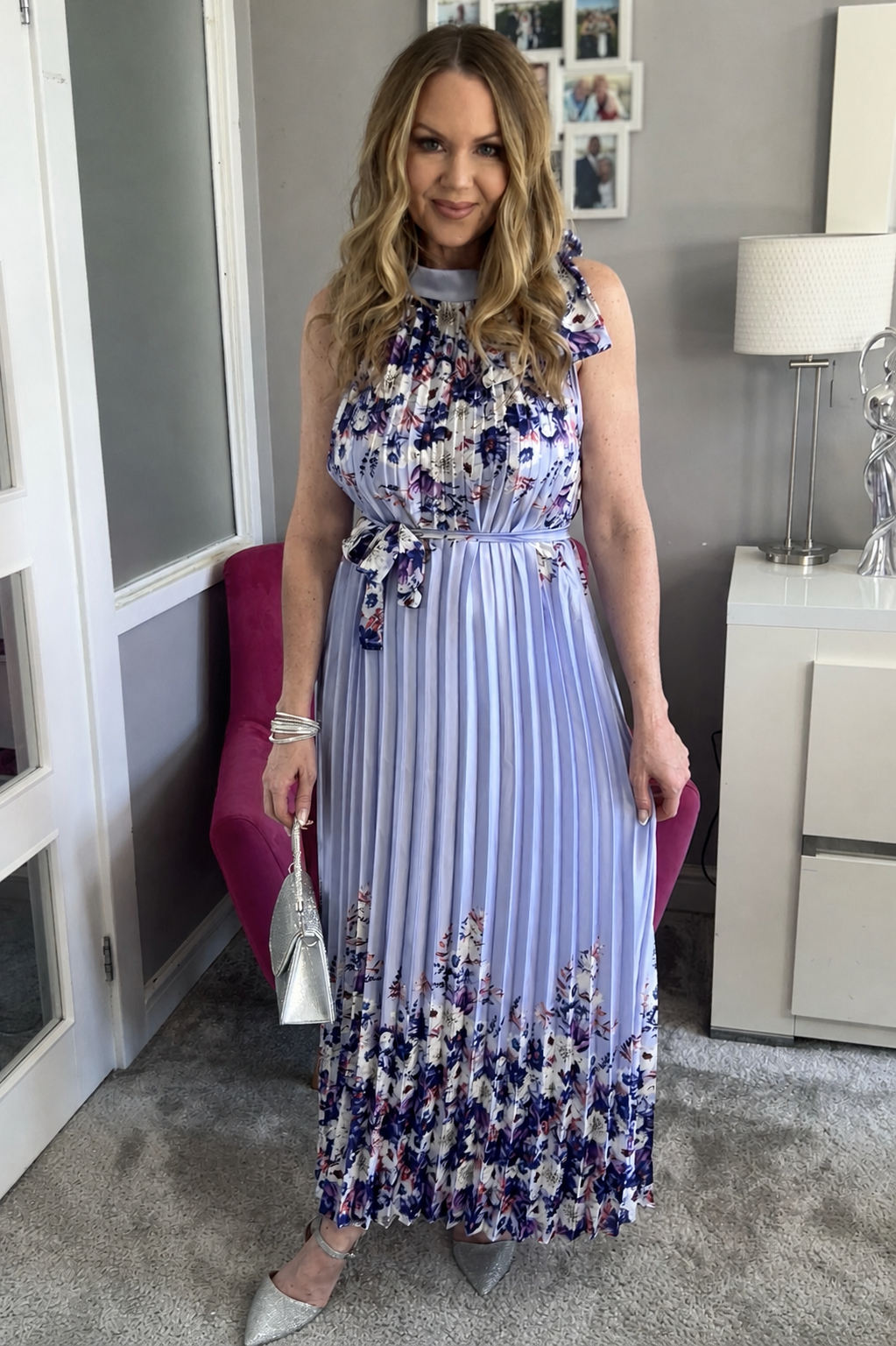 Antigua Lilac Floral Halter Tie Neck Pleated Maxi Dress
