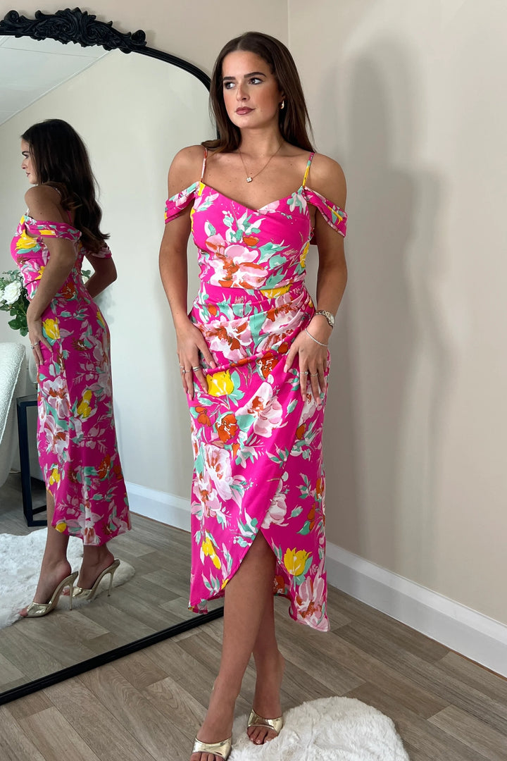 Camilla Pink Floral Cold Shoulder Wrap Over Midi Dress