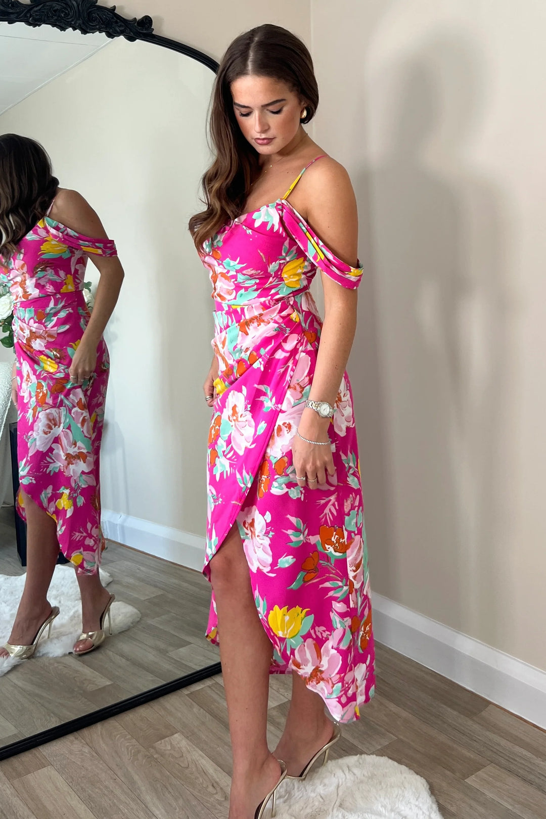 Camilla Pink Floral Cold Shoulder Wrap Over Midi Dress