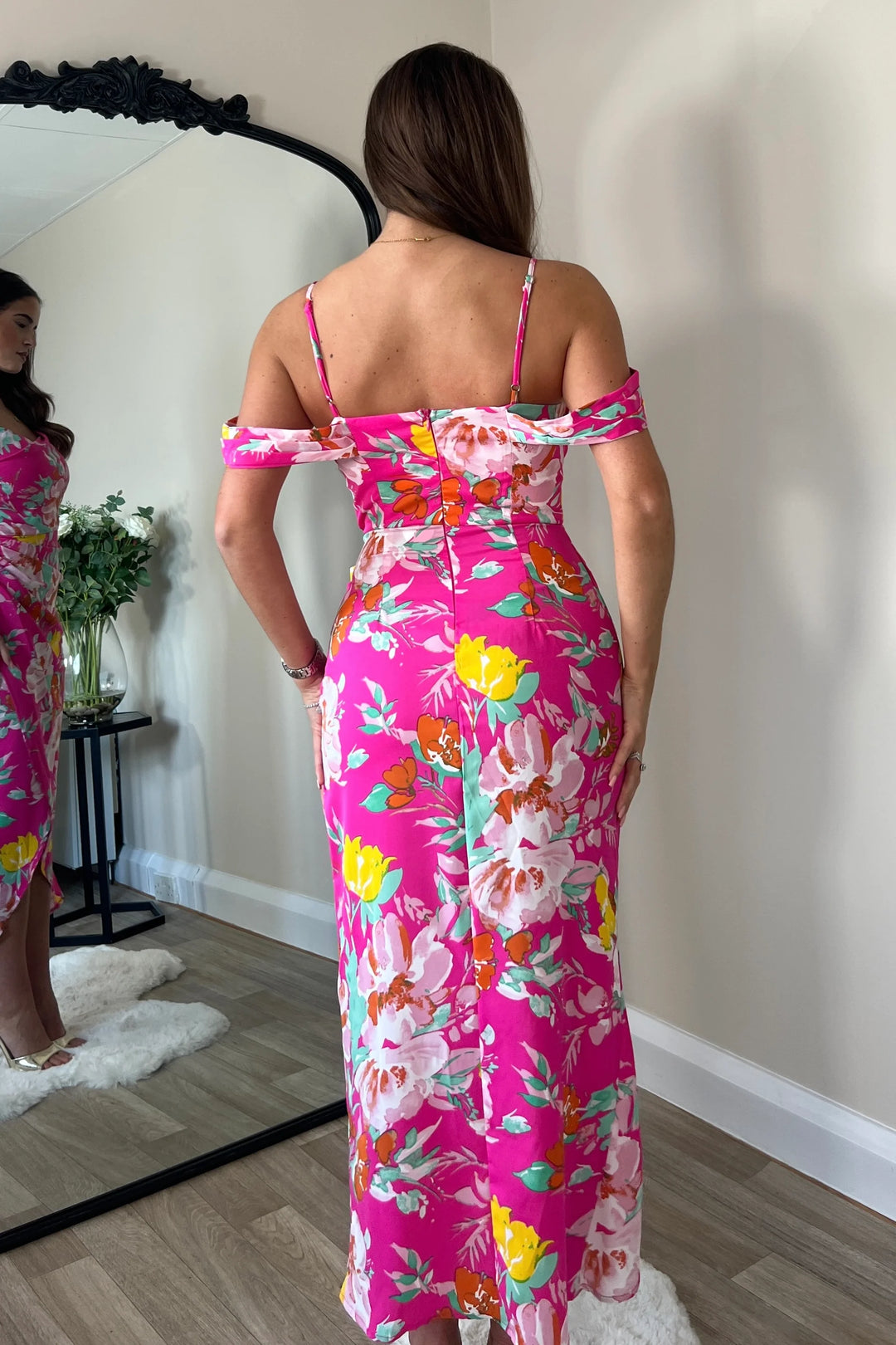 Camilla Pink Floral Cold Shoulder Wrap Over Midi Dress