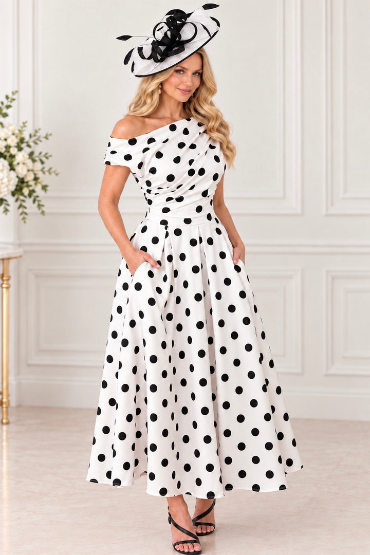 Betty White Polka Dot Asymmetric Neckline Skater Midi Dress With Pockets