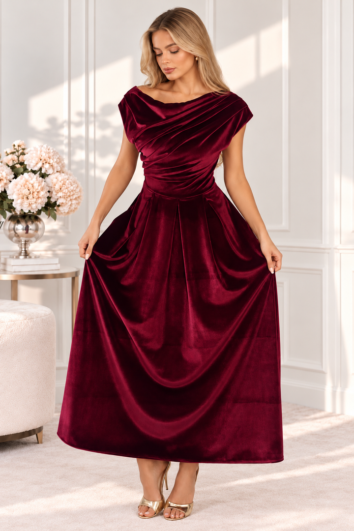 Betty Berry Velvet Asymmetric Neckline Skater Maxi Dress With Pockets