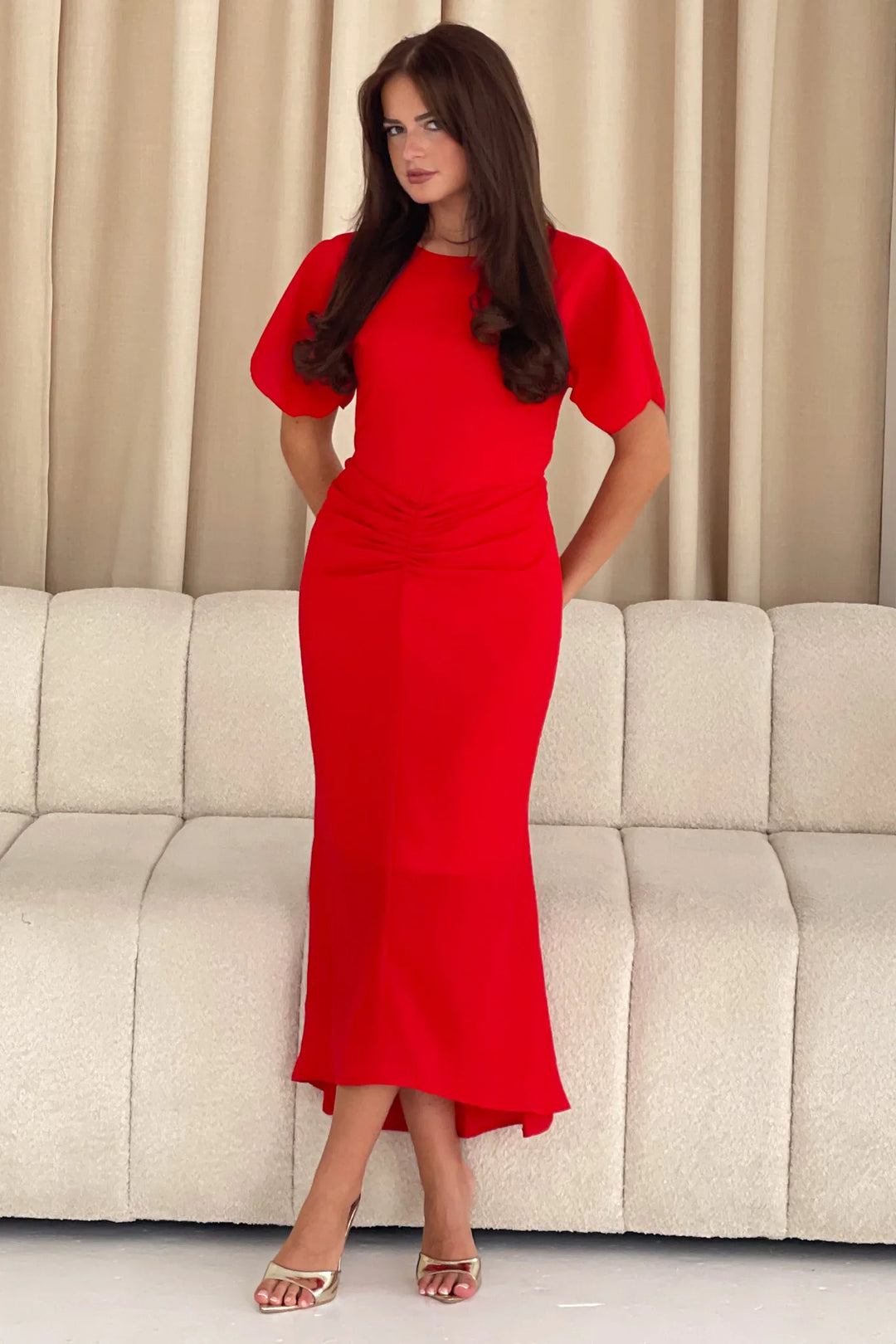 Cleo Red Split Sleeve Ruched Detail Bodycon Midi Dress
