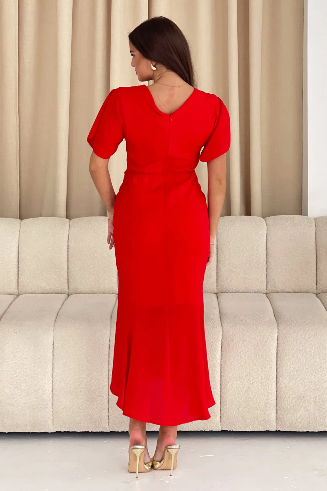 Cleo Red Split Sleeve Ruched Detail Bodycon Midi Dress