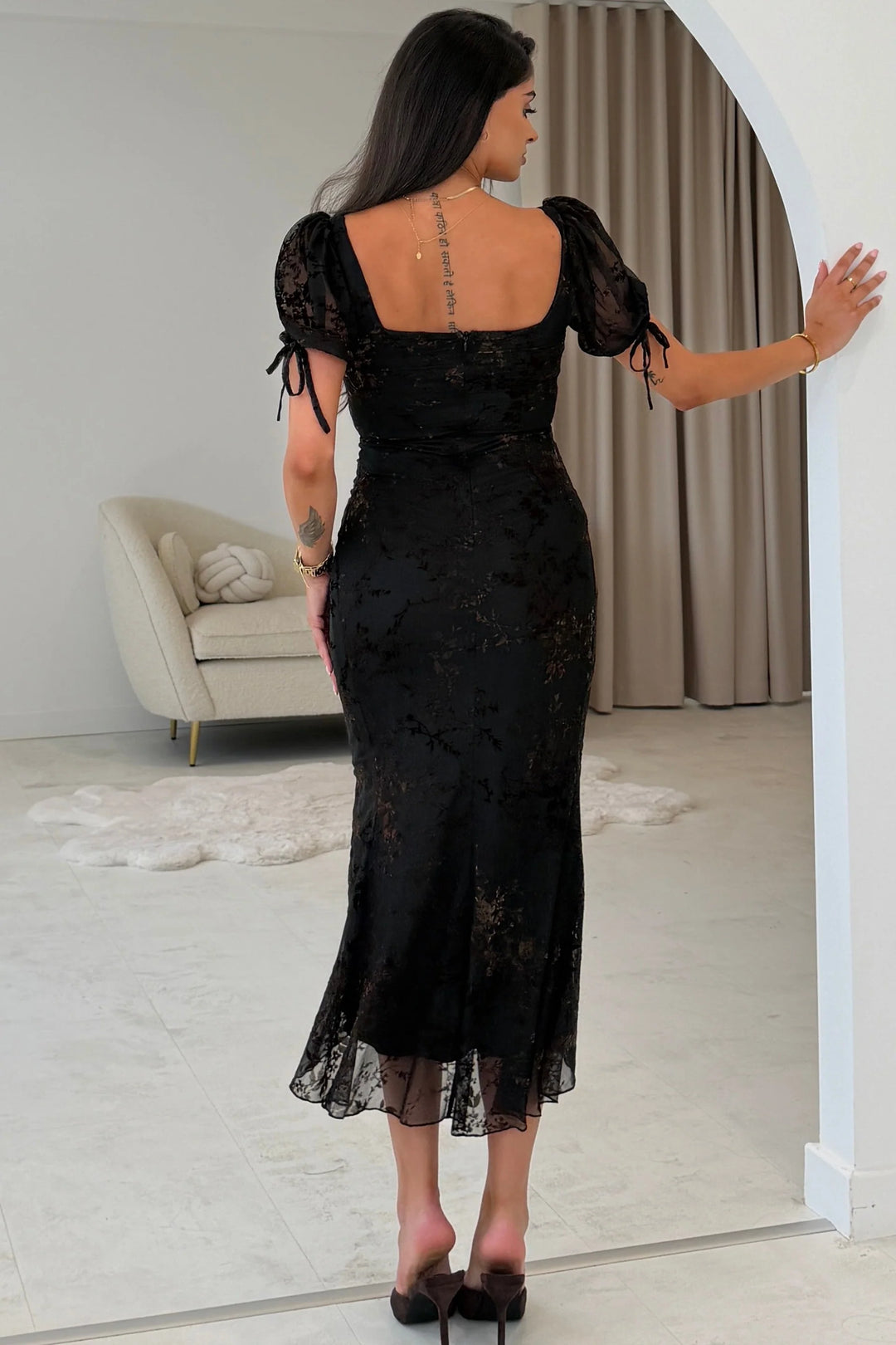 Dove Black and Brown Flocked Ruched Detail Midi Dress