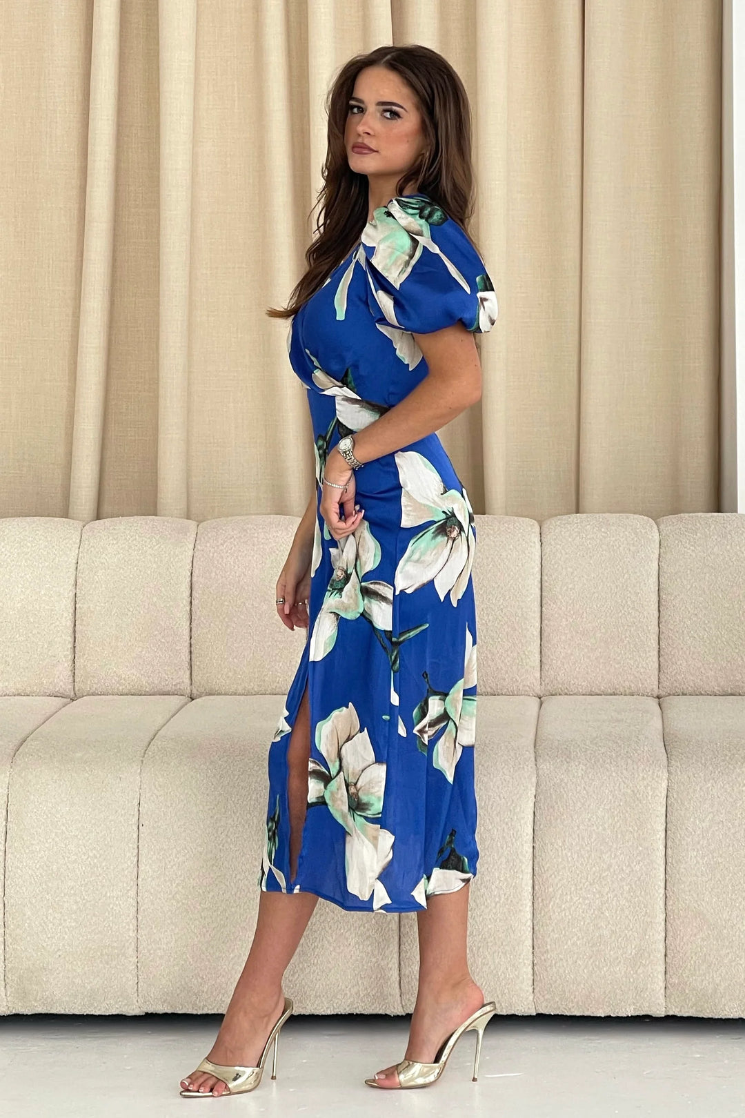 Dahlia Puff Sleeve Midi Dress in Blue Floral