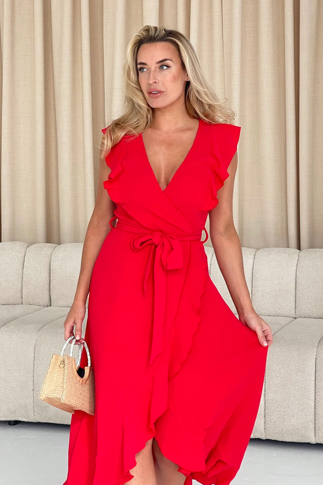 Diana Red Frill Wrap Belted Midi Dress