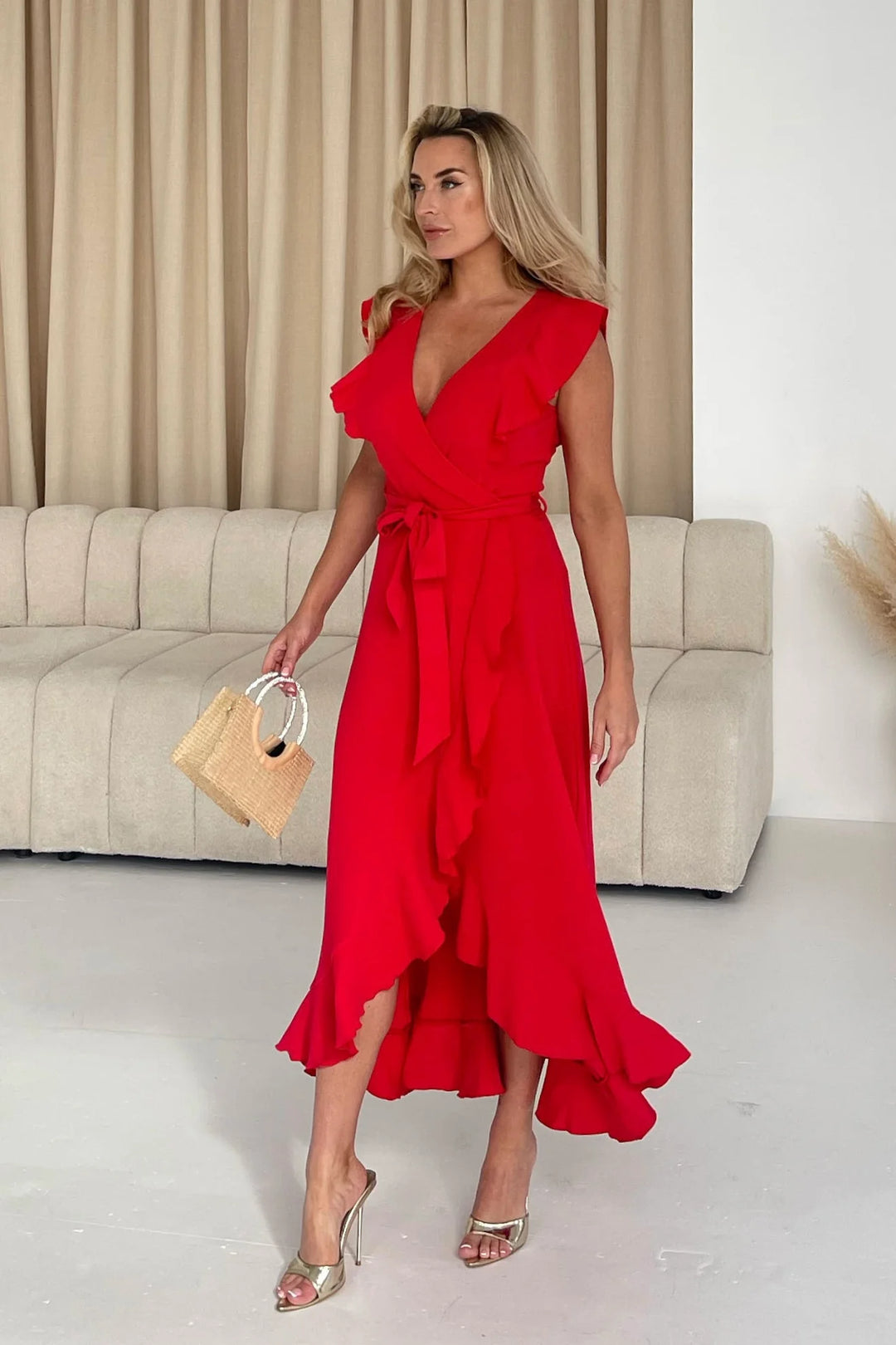 Diana Red Frill Wrap Belted Midi Dress