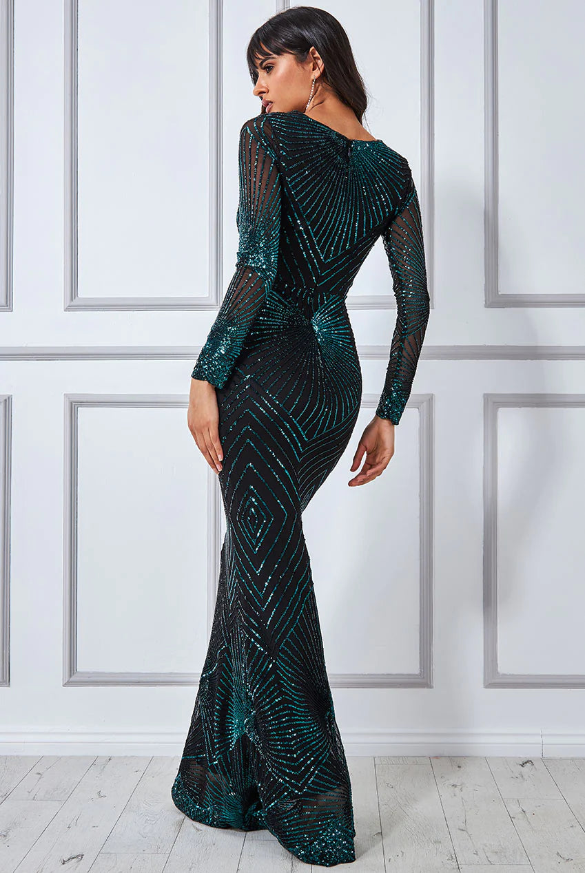 Starburst Emerald Green Long Sleeve Sequin Bodycon Maxi Dress