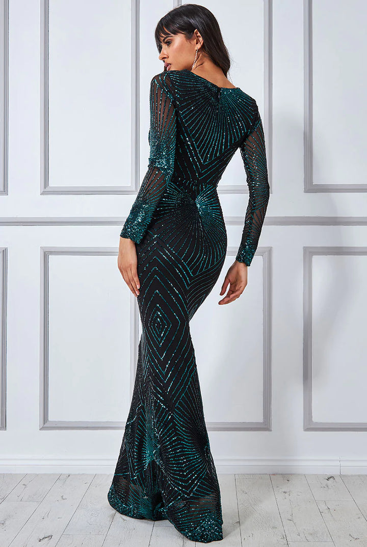 Starburst Emerald Green Long Sleeve Sequin Bodycon Maxi Dress
