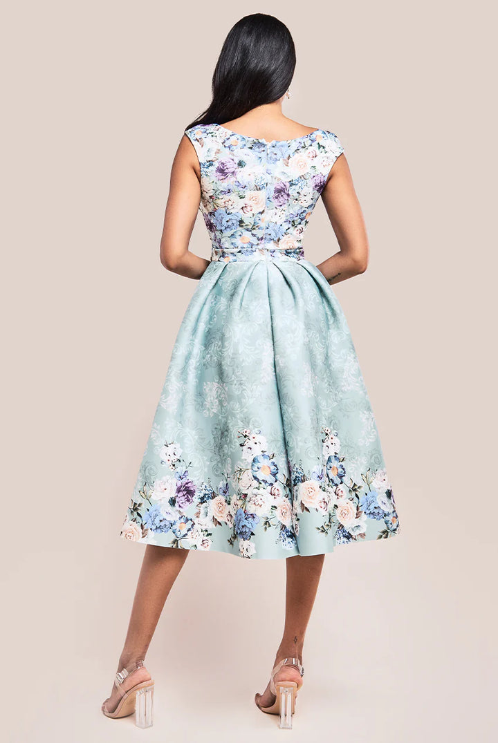 Myah Sage Green Floral Sweetheart Neck Scuba Foam Midi Dress