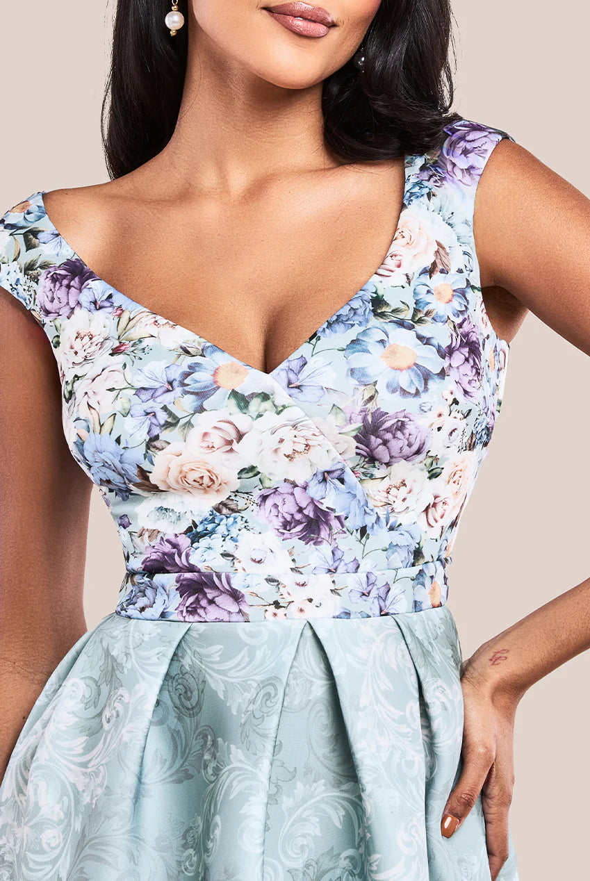 Myah Sage Green Floral Sweetheart Neck Scuba Foam Midi Dress