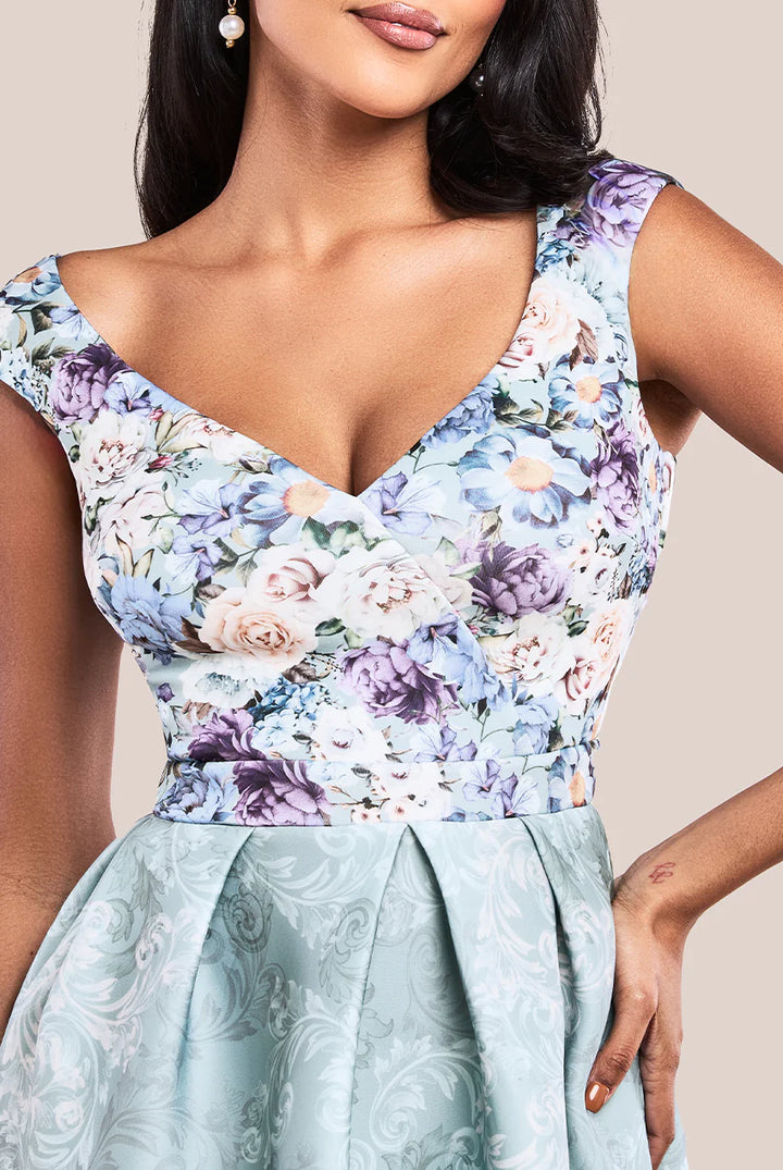 Myah Sage Green Floral Sweetheart Neck Scuba Foam Midi Dress