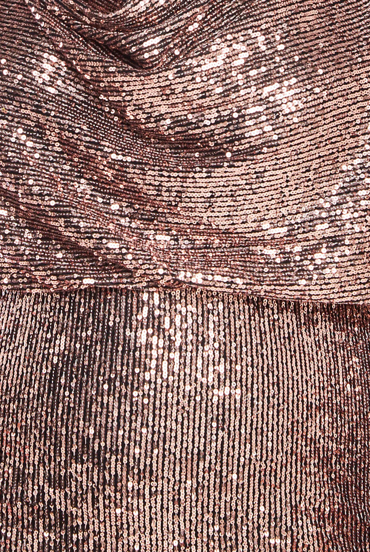 Halle PLUS Sequin Champagne 3/4 Sleeve Cowl Neck Off The Shoulder Midi Dress